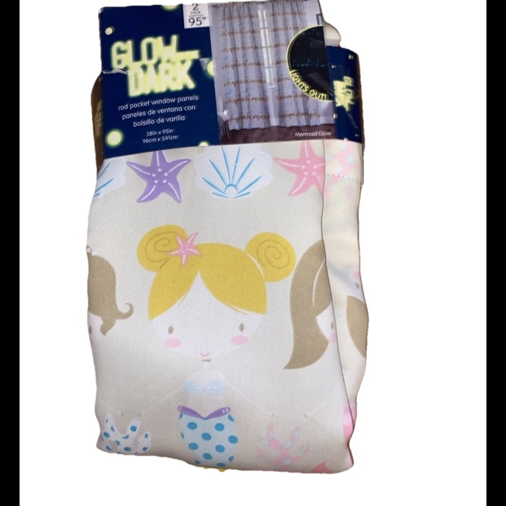 Glow in the Dark Mermaid 2 Rod Pocket Curtain Panels. New-Open Box.